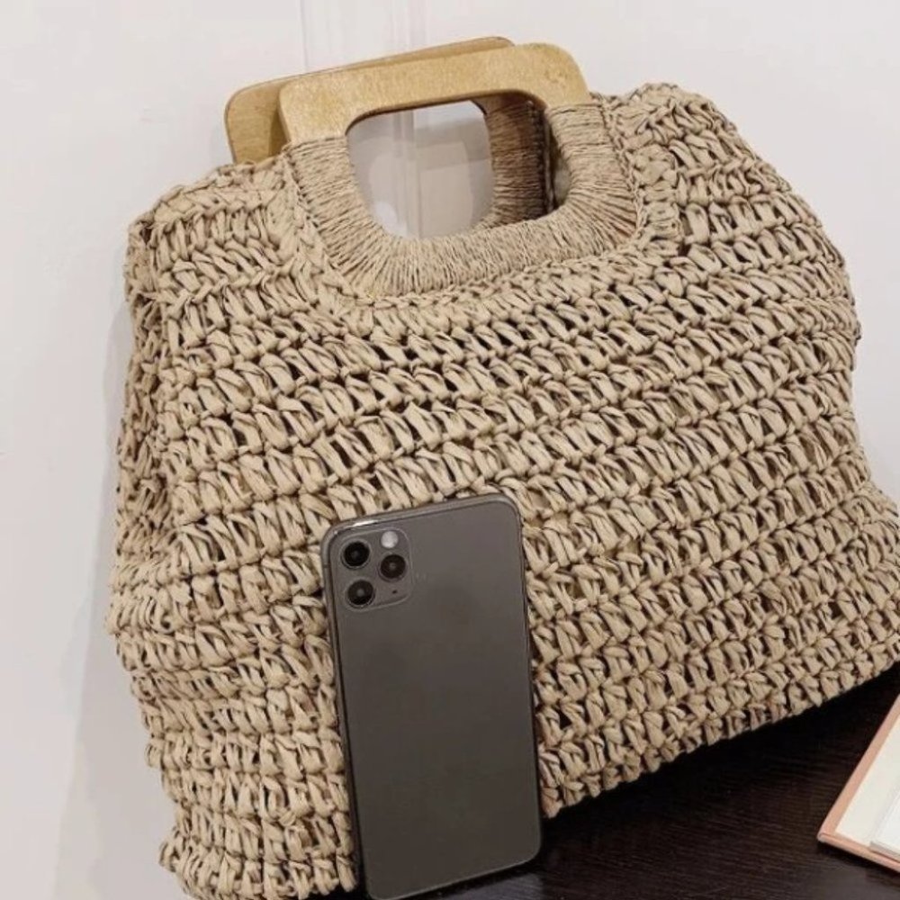 Vacation Vibes khaki straw bag wood handle tote Boho beach - Picture 8 of 8